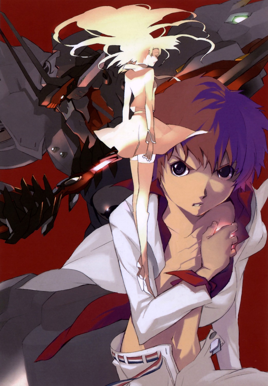 hayase_kouichi, kizaki_emi, kurogane_no_linebarrels, mecha, open_shirt, shimoguchi_tomohiro, thighhighs