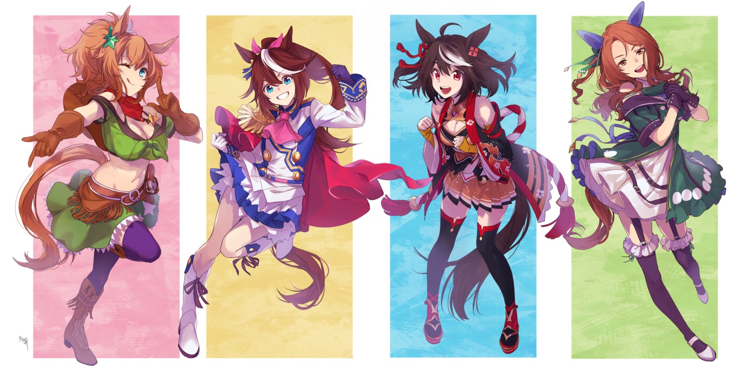 animal_ears, cleavage, heels, king_halo_(umamusume), kitasan_black_(umamusume), skirt_lift, taiki_shuttle_(umamusume), tail