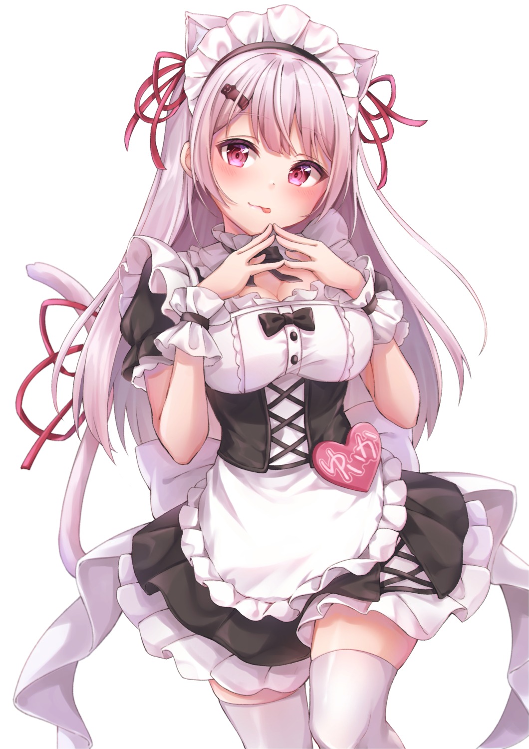 animal_ears, cleavage, maid, nekomimi, nijisanji, nijisanji_gamers, poe_(528yuzunon), shiina_yuika, skirt_lift, tail, thighhighs