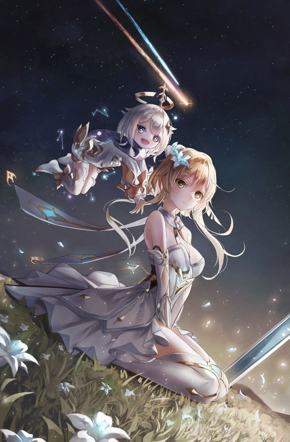 genshin_impact, lumine, no_bra, paimon, prothymos, thighhighs