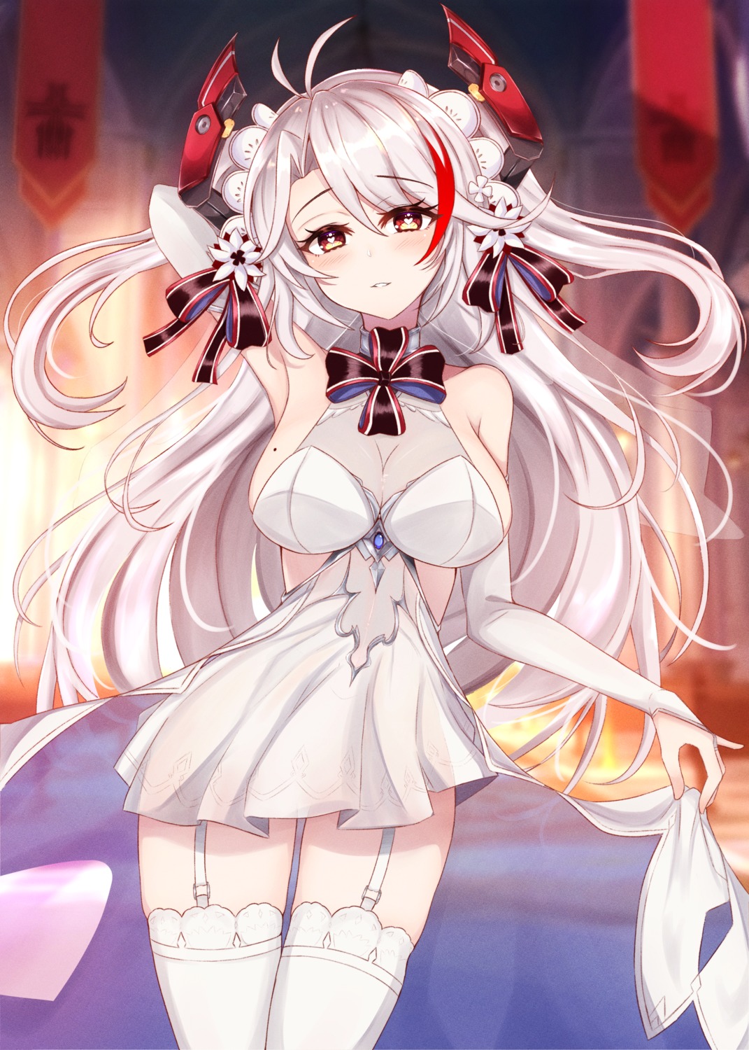 azur_lane, dress, no_bra, prinz_eugen_(azur_lane), pupy_exe, see_through, skirt_lift, stockings, thighhighs