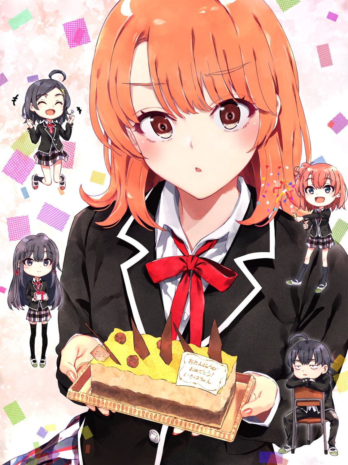 chibi, hikigaya_hachiman, hikigaya_komachi, isshiki_iroha, ponkan_8, seifuku, thighhighs, yahari_ore_no_seishun_lovecome_wa_machigatteiru.