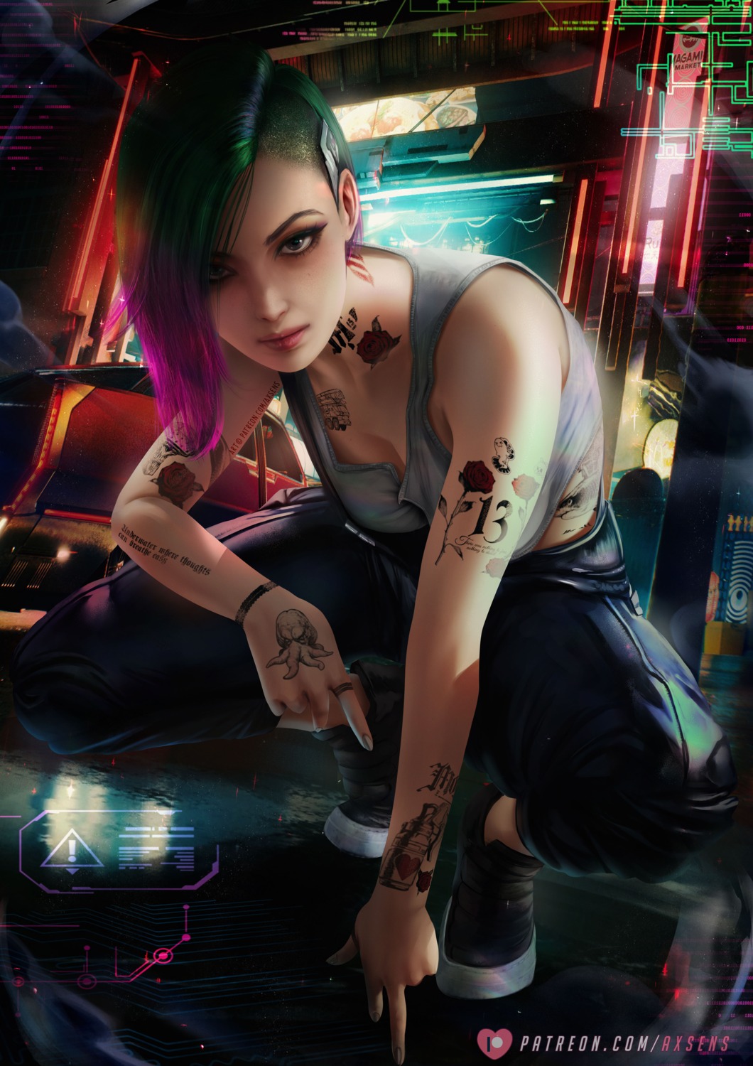 axsens, cleavage, cyberpunk_2077, judy_alvarez, tattoo