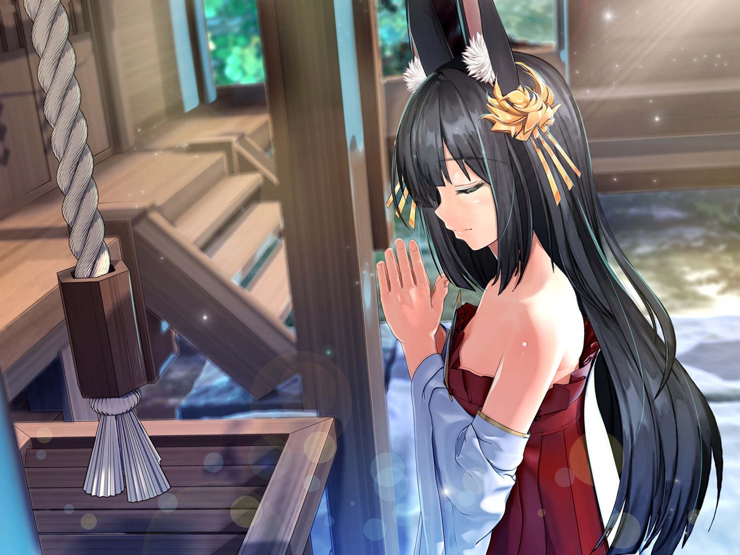 animal_ears, azur_lane, japanese_clothes, nagato_(azur_lane), no_bra, sugita_ranpaku, wallpaper