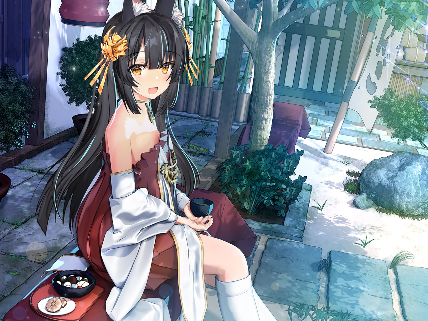 animal_ears, azur_lane, japanese_clothes, nagato_(azur_lane), no_bra, sugita_ranpaku, wallpaper