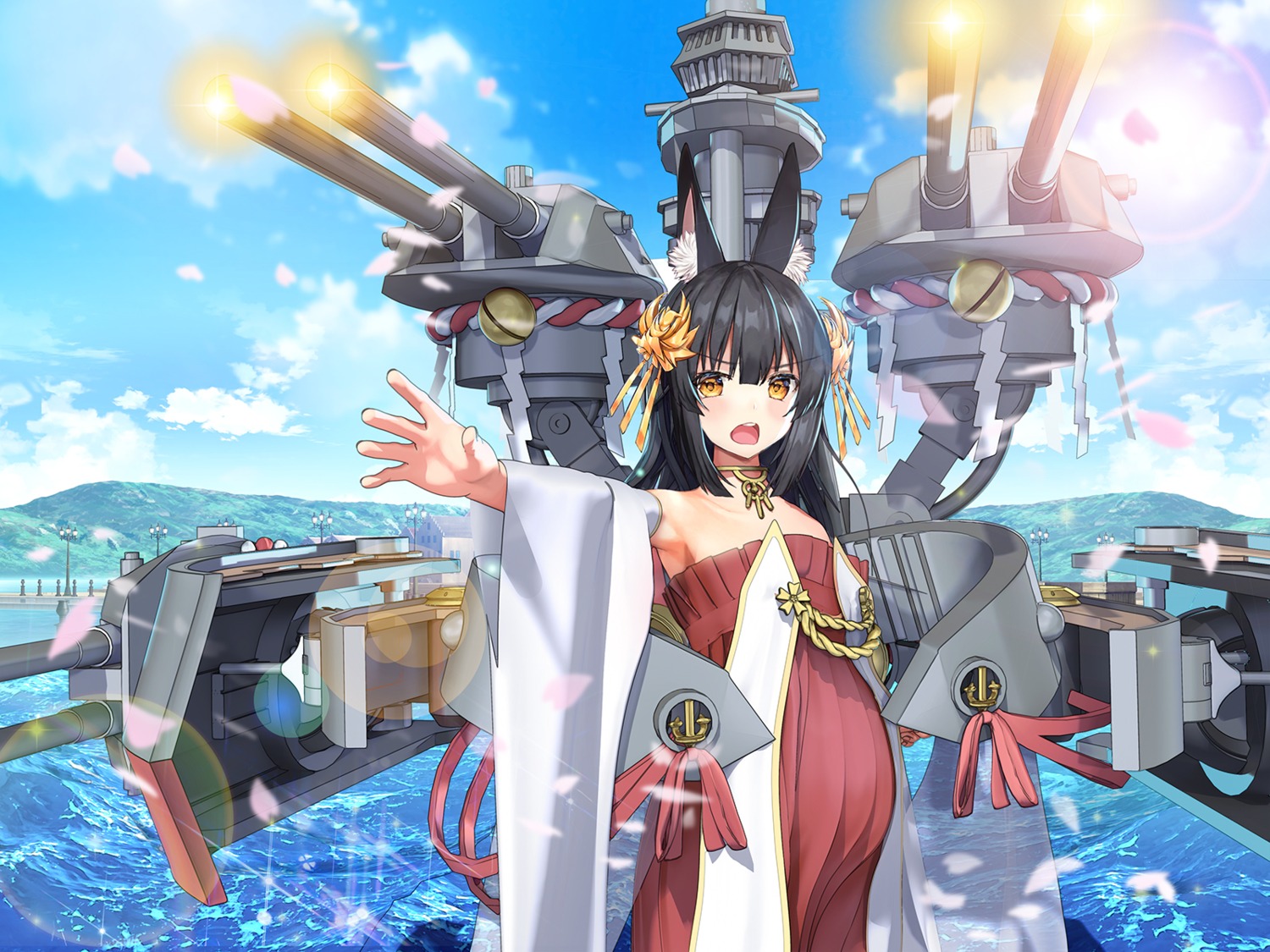 animal_ears, azur_lane, japanese_clothes, nagato_(azur_lane), no_bra, pregnant, sugita_ranpaku