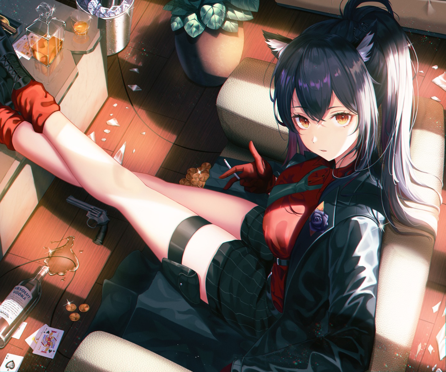 animal_ears, arknights, business_suit, fall_(aki), garter, smoking, texas_(arknights)
