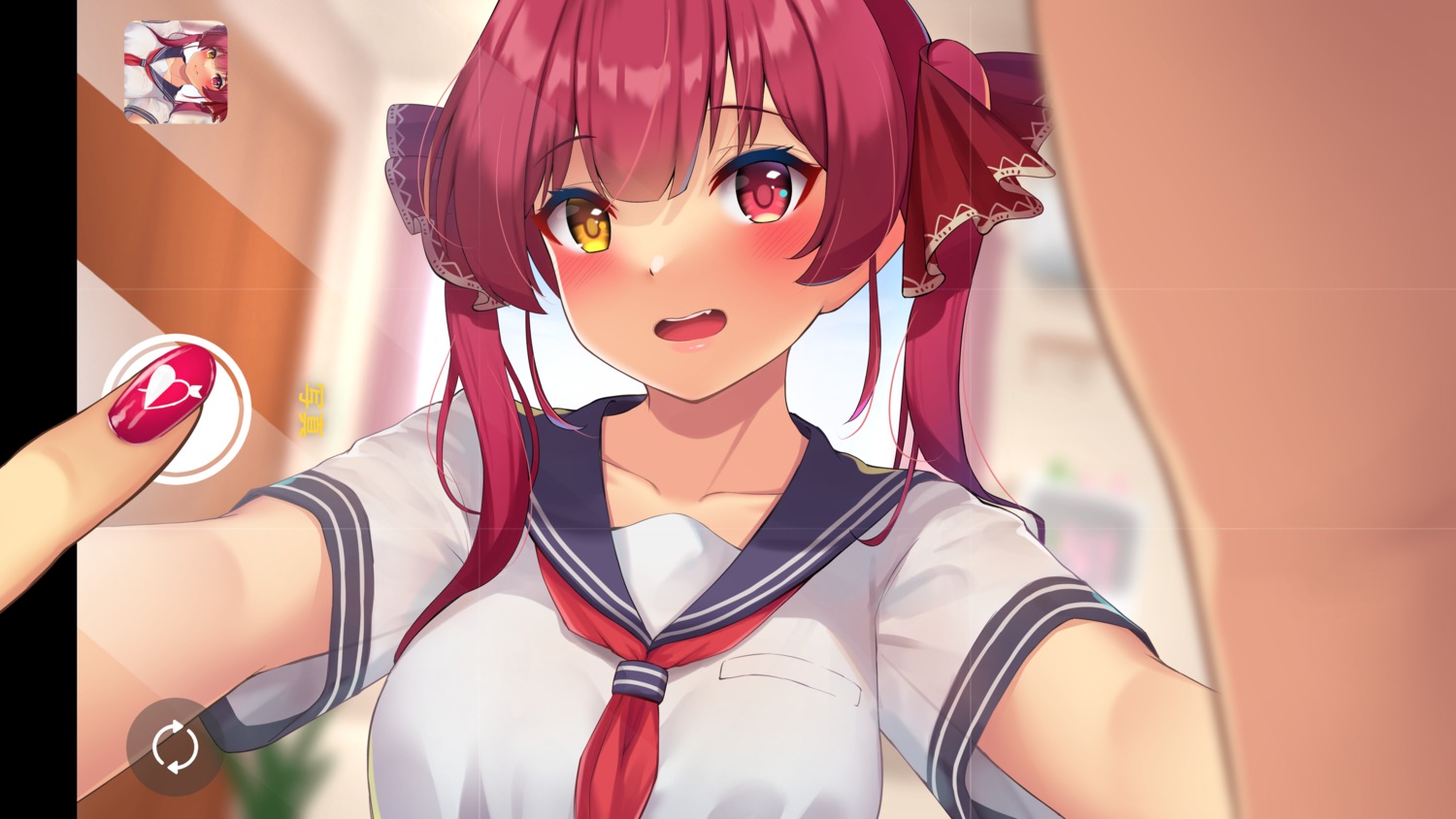 heterochromia, hololive, houshou_marine, mugino0515, see_through, seifuku, selfie, wallpaper