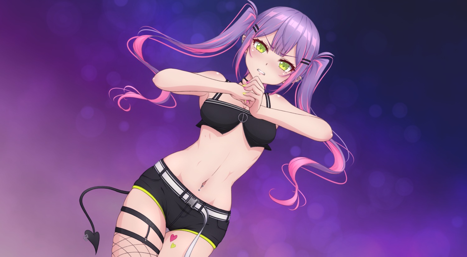 cleavage, fishnets, garter, hololive, p-nekoe, pointy_ears, stockings, tail, thighhighs, tokoyami_towa