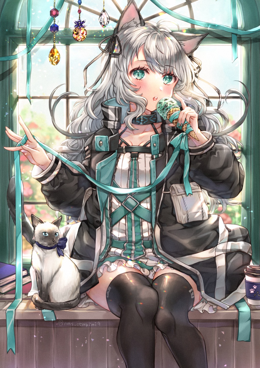 animal_ears, arknights, mint_(arknights), neko, nekomimi, tail, tamaso, thighhighs