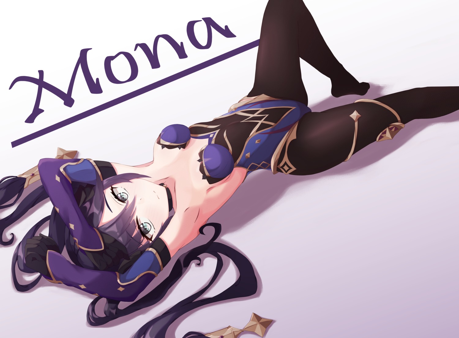 ayanue, cleavage, feet, garter, genshin_impact, leotard, mona_megistus, no_bra, pantyhose, witch