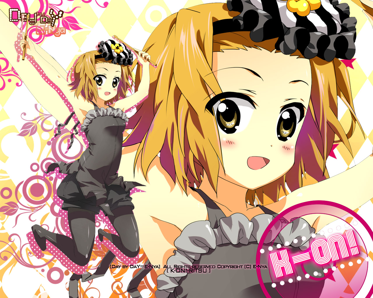 dress, e-nya, k-on!, pantyhose, tainaka_ritsu, wallpaper