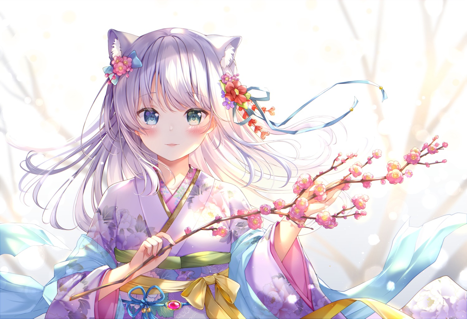 animal_ears, heterochromia, kimono, nekomimi, sakura_moyon