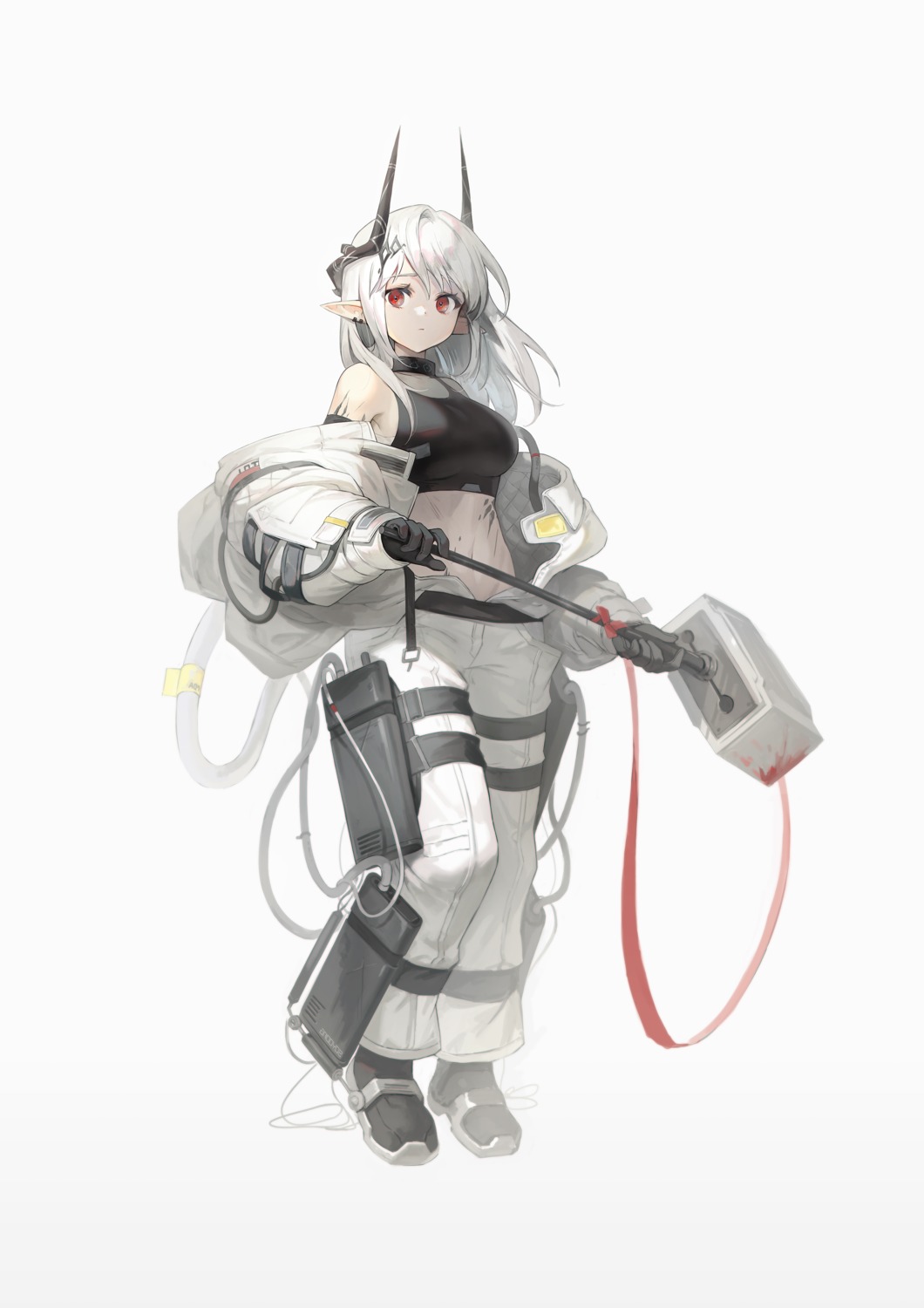 arknights, blood, bodysuit, garter, horns, mudrock_(arknights), pointy_ears, soyoong_jun