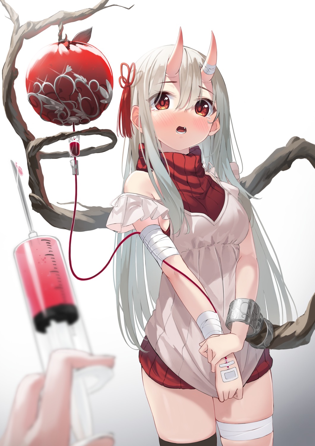 bandages, bandaid, blood, dress, horns, kimyo, sweater, thighhighs