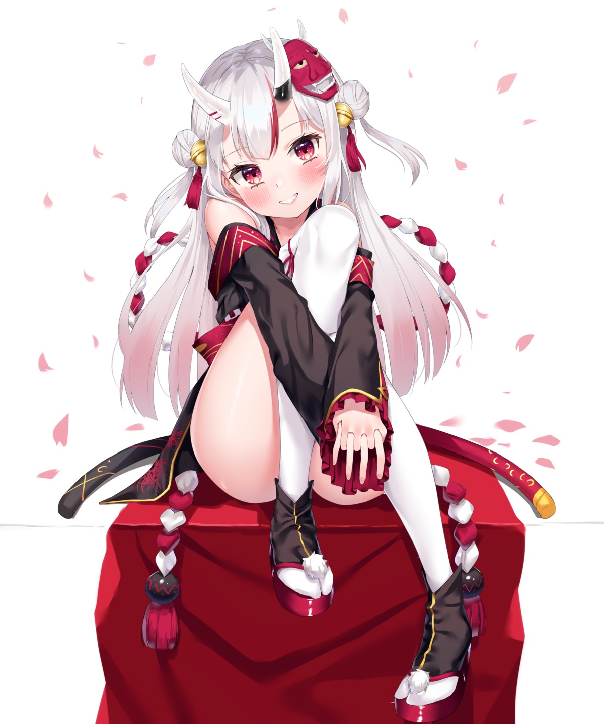hololive, horns, japanese_clothes, k_mugura, nakiri_ayame, skirt_lift
