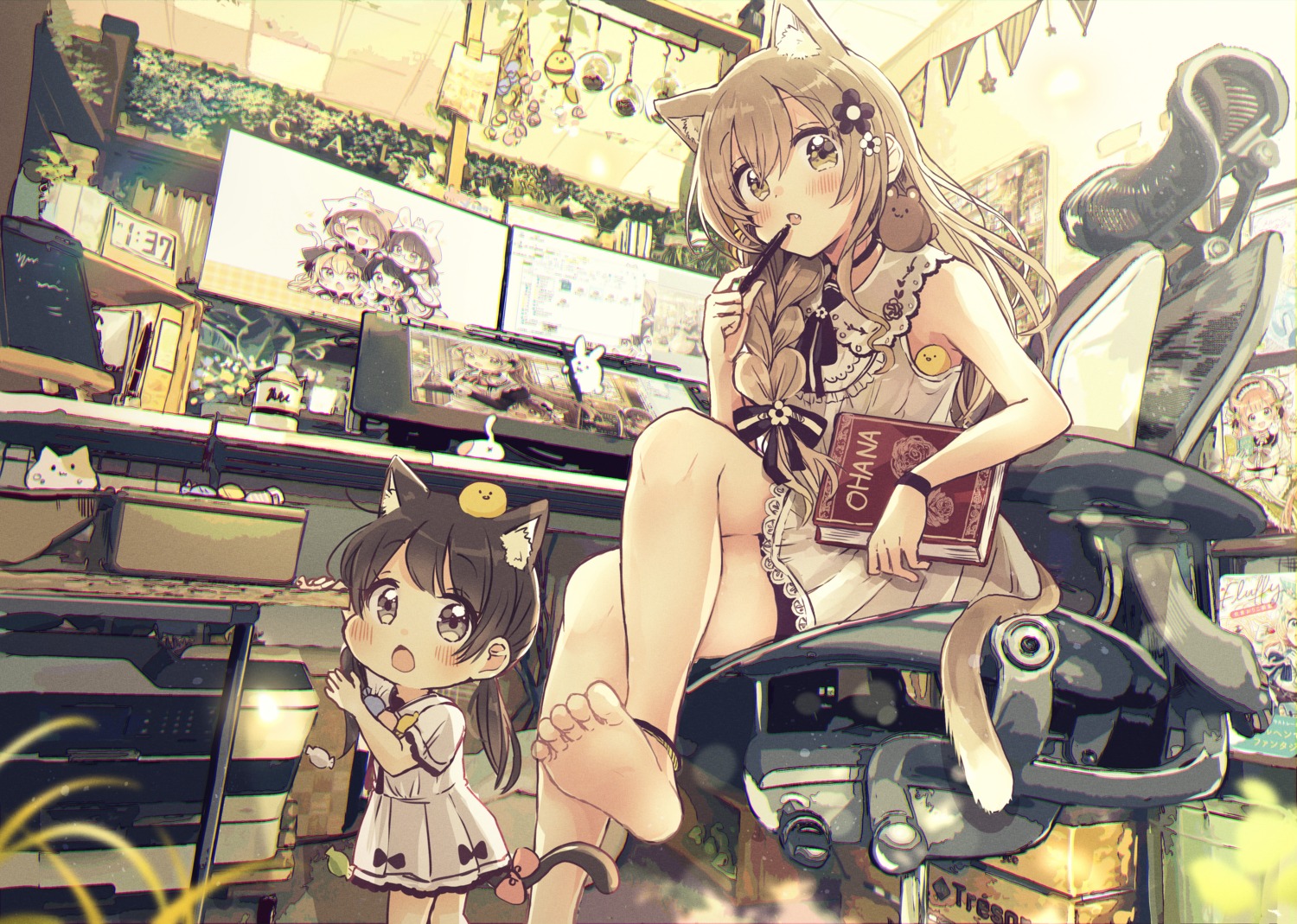 animal_ears, chibi, dress, feet, higuchi_kaede_(swing!), megane, miyasato_haruka, nekomimi, okamoto_natsuhi, sakura_oriko, skirt_lift, swing!!, tail, yokomine_ibuki