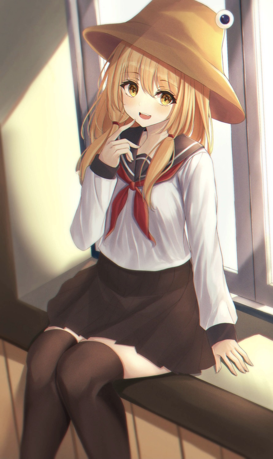kure:kuroha, moriya_suwako, seifuku, thighhighs, touhou
