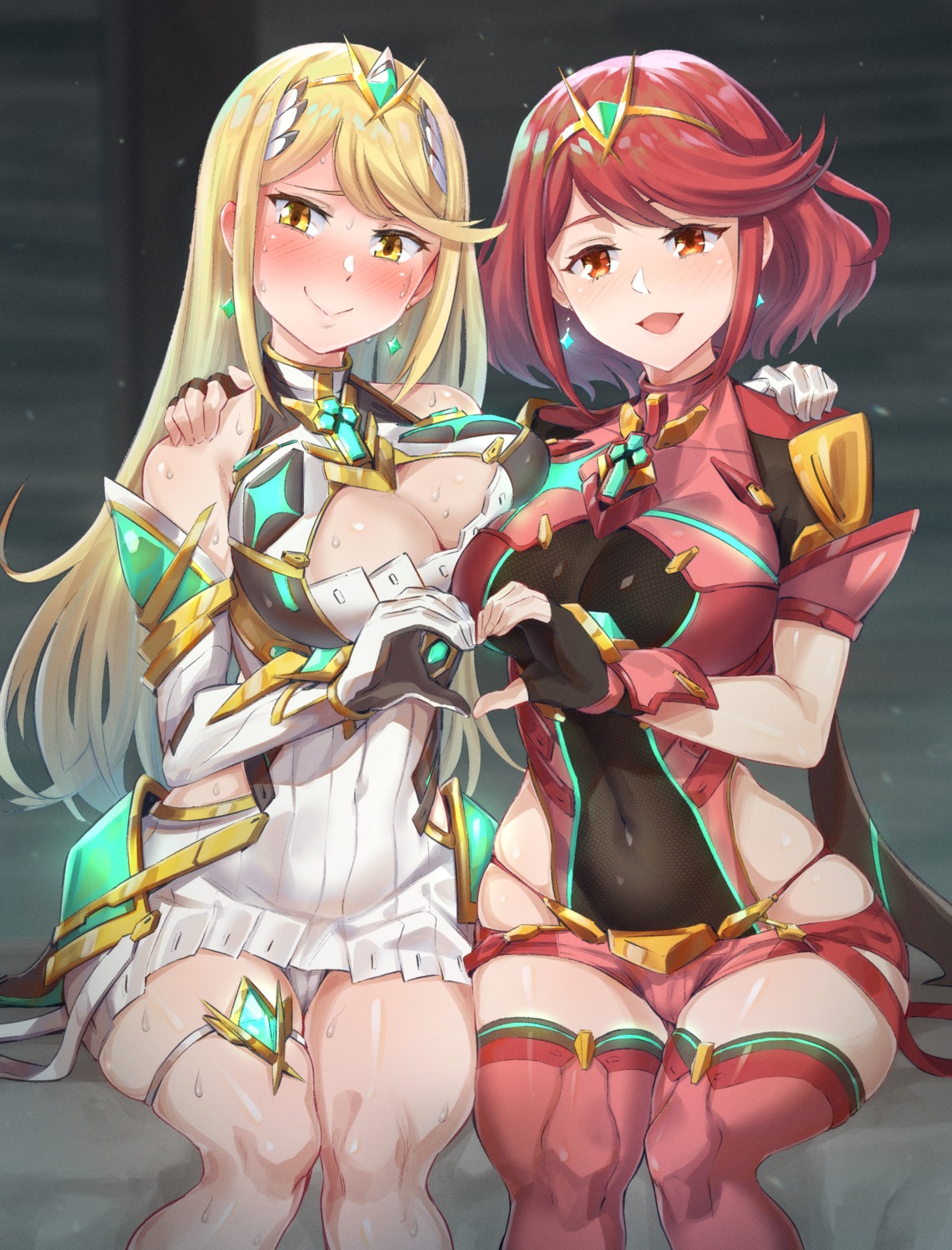 cameltoe, cleavage, dress, garter, hikari_(xenoblade_2), homura_(xenoblade_2), moto_toshi, pantsu