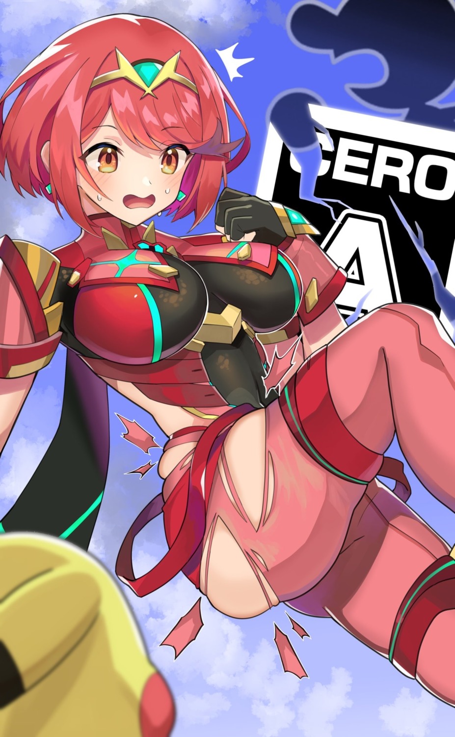 armor, bodysuit, crossover, homura_(xenoblade_2), katwo, pikachu, pokemon, torn_clothes