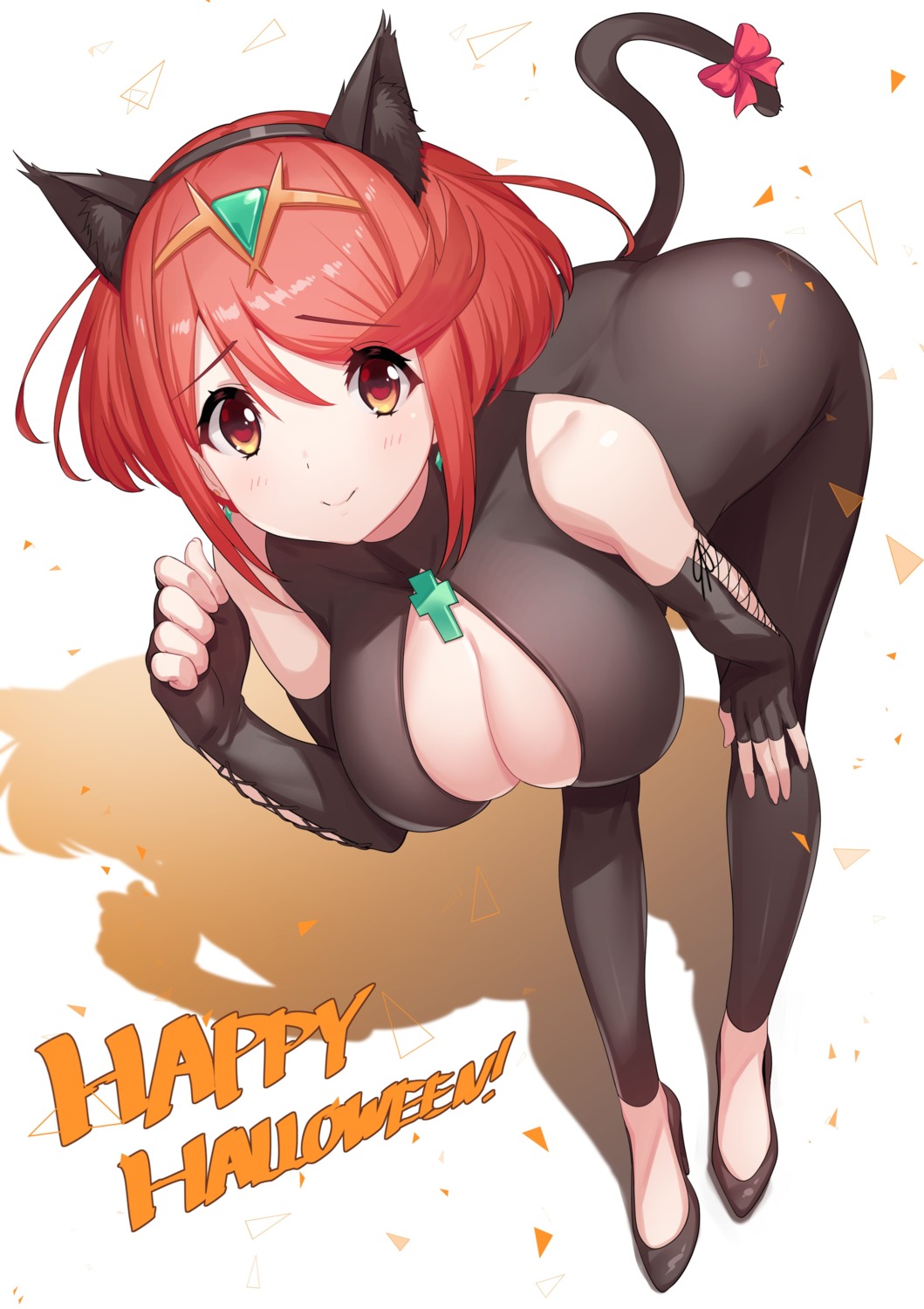 animal_ears, bodysuit, cleavage, green322, halloween, heels, homura_(xenoblade_2), nekomimi