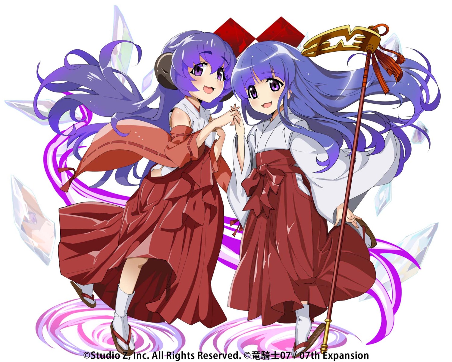 furude_rika, hanyuu, higurashi_no_naku_koro_ni, horns, jpeg_artifacts, miko, tagme, weapon