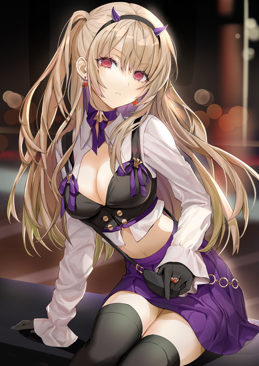 cleavage, horns, lloule, skirt_lift, thighhighs