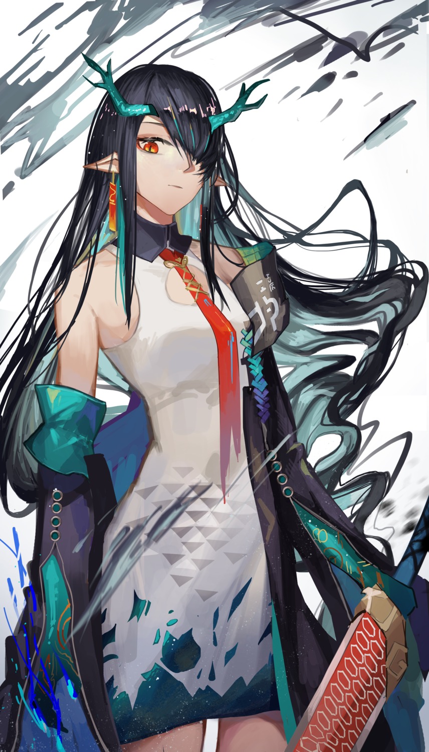 arknights, dress, dusk_(arknights), horns, monster_girl, pointy_ears, sword, zhenxiao
