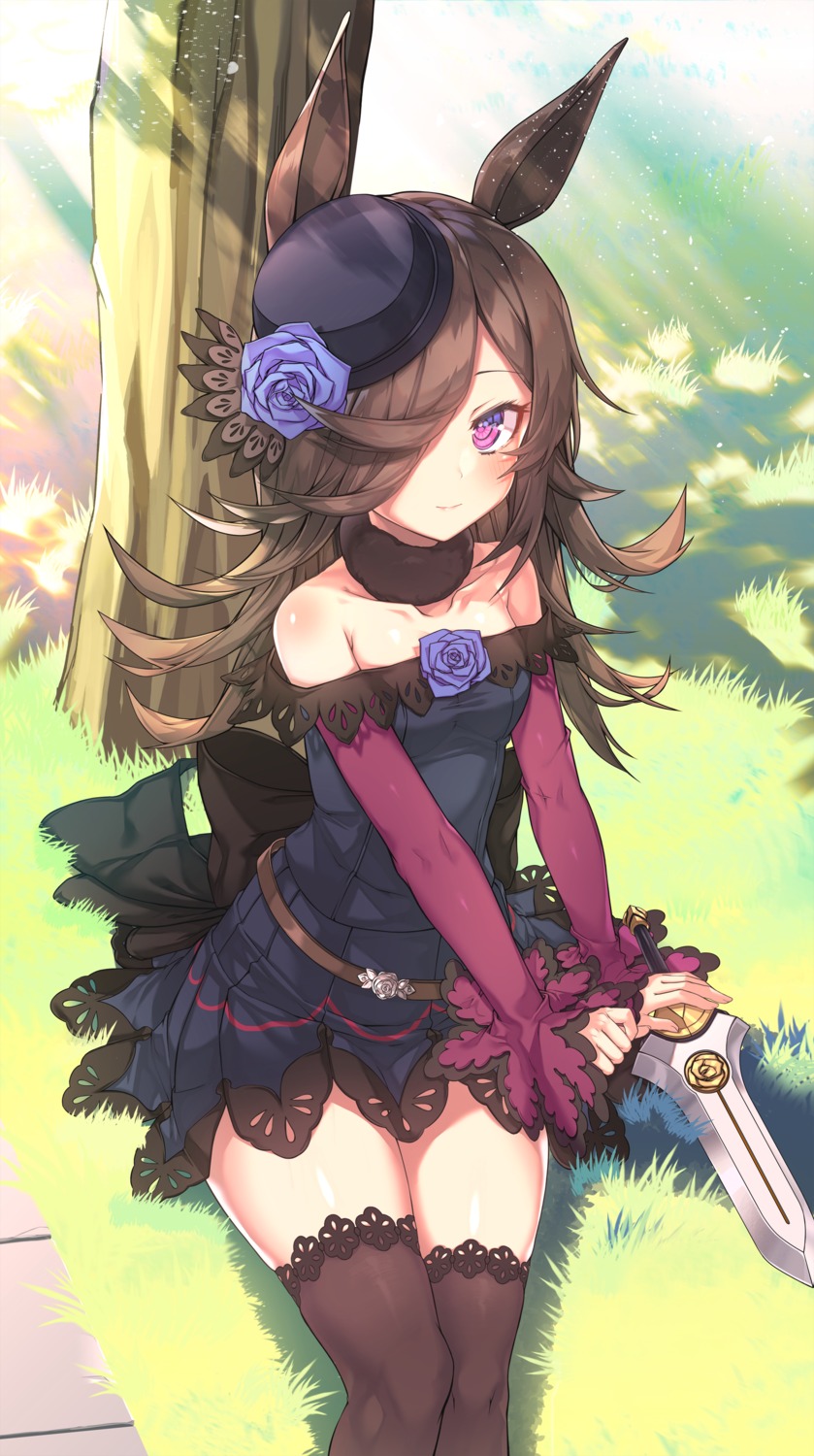 animal_ears, dress, kinos_(kw00789), rice_shower_(umamusume), skirt_lift, thighhighs, uma_musume_pretty_derby, weapon