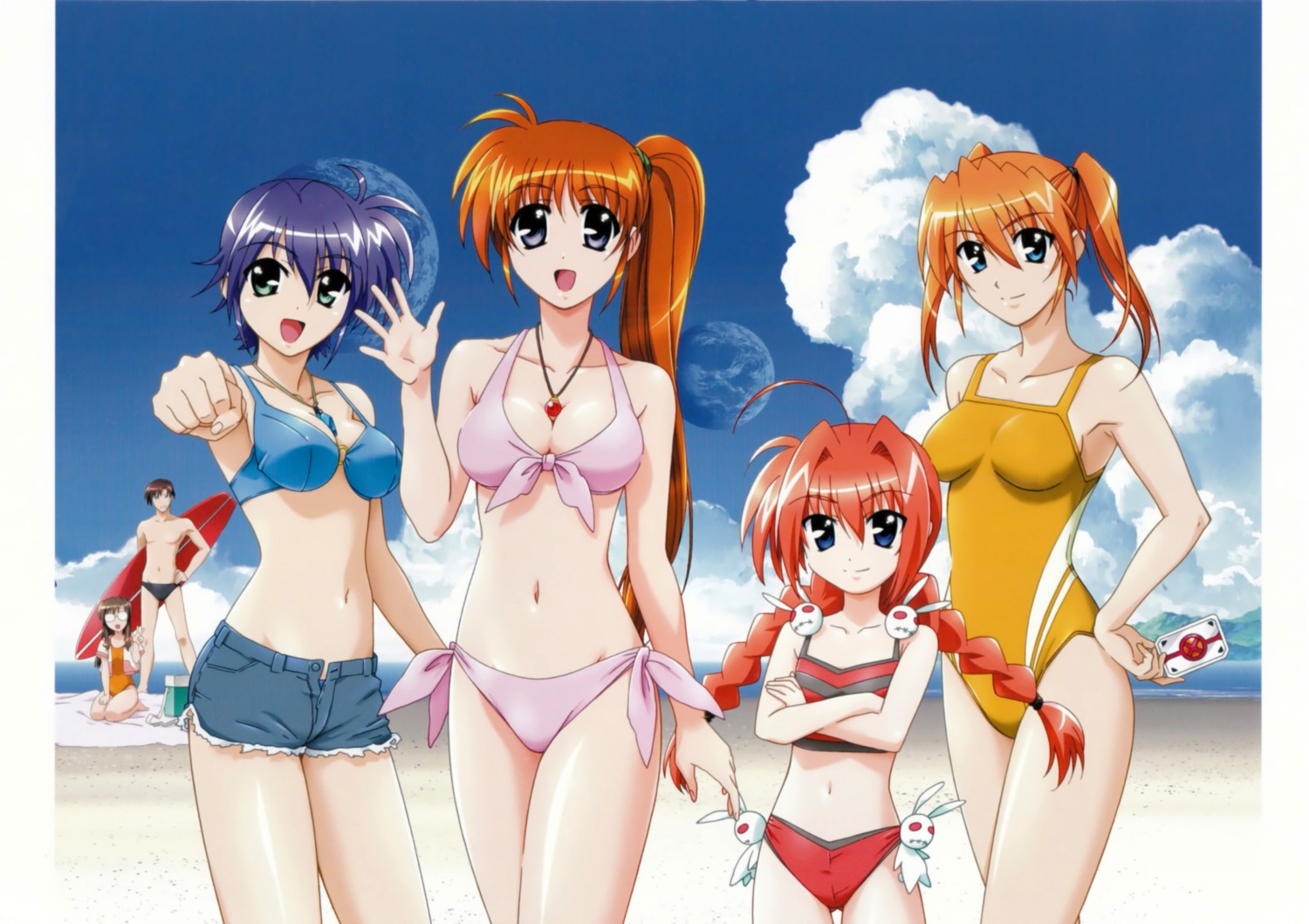 bikini, cleavage, mahou_shoujo_lyrical_nanoha, mahou_shoujo_lyrical_nanoha_strikers, megane, okuda_yasuhiro, shario_finieno, subaru_nakajima, swimsuits, takamachi_nanoha, teana_lanster, vice_granscenic, vita