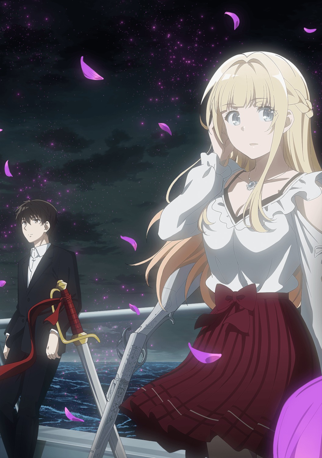 business_suit, charlotte_arisaka_anderson, gun, kimizuka_kimihiko, skirt_lift, sword, tagme, tantei_wa_mou_shindeiru.
