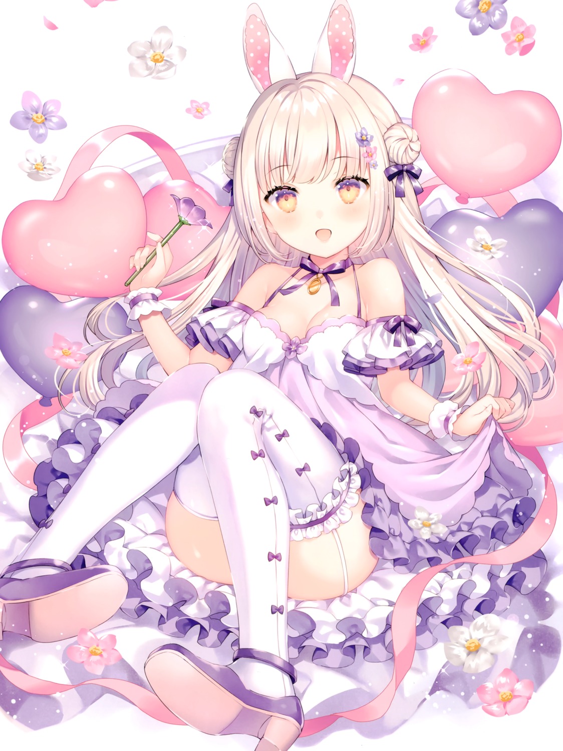 animal_ears, bunny_ears, cleavage, dress, heels, no_bra, skirt_lift, stockings