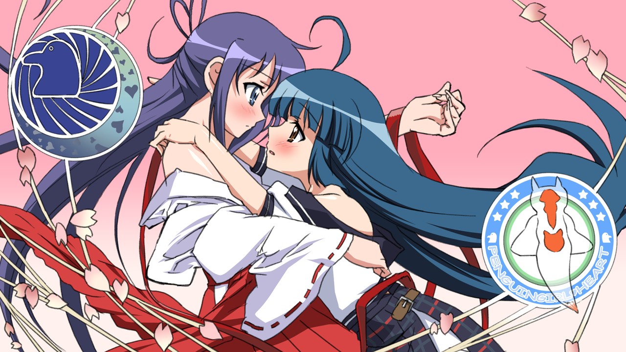 kurio_nene, miko, nankyoku_sakura, penguin_musume, sanshita, seifuku, yuri