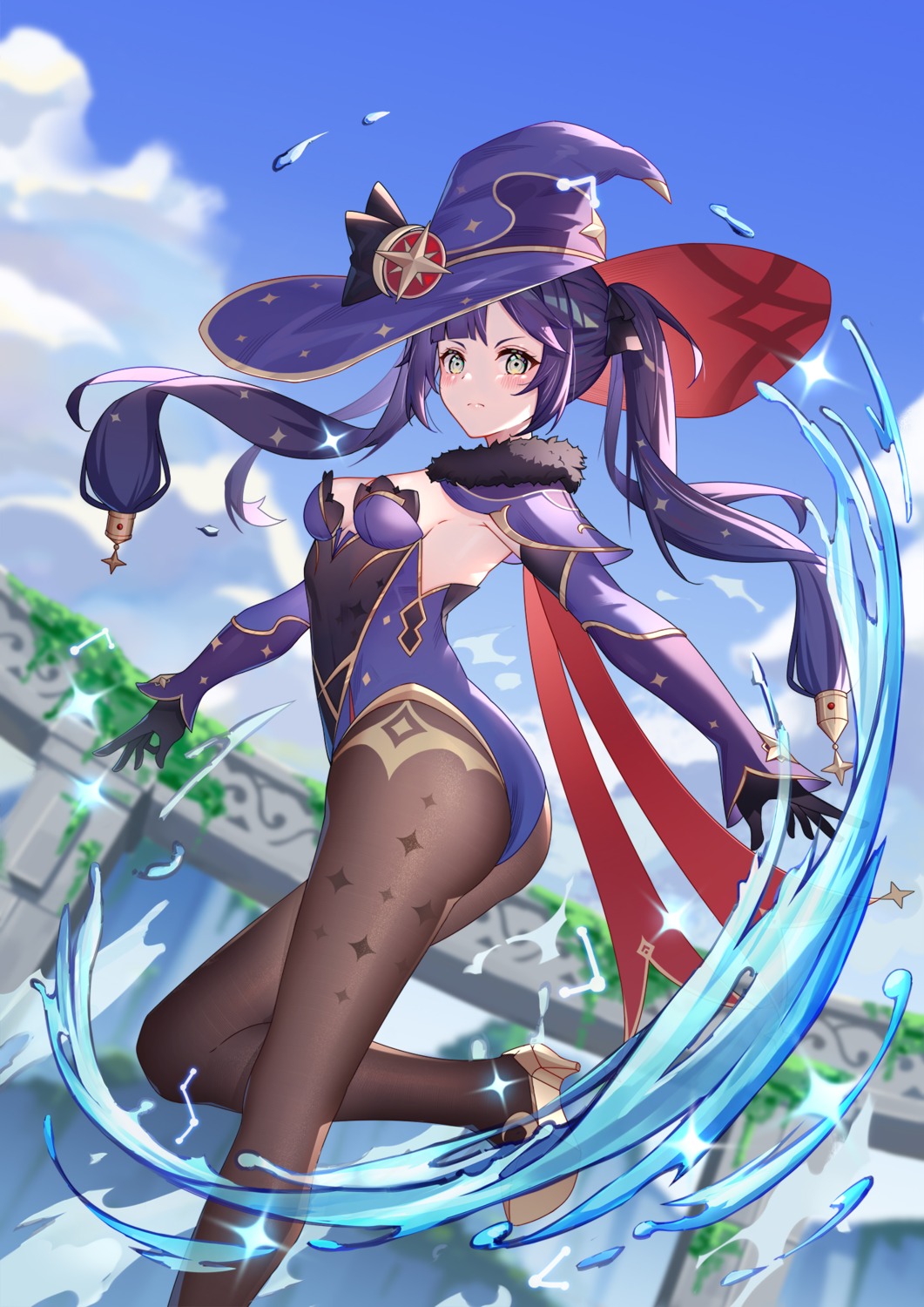 94_(644534209), artist_revision, ass, genshin_impact, heels, leotard, mona_megistus, no_bra, pantyhose, witch