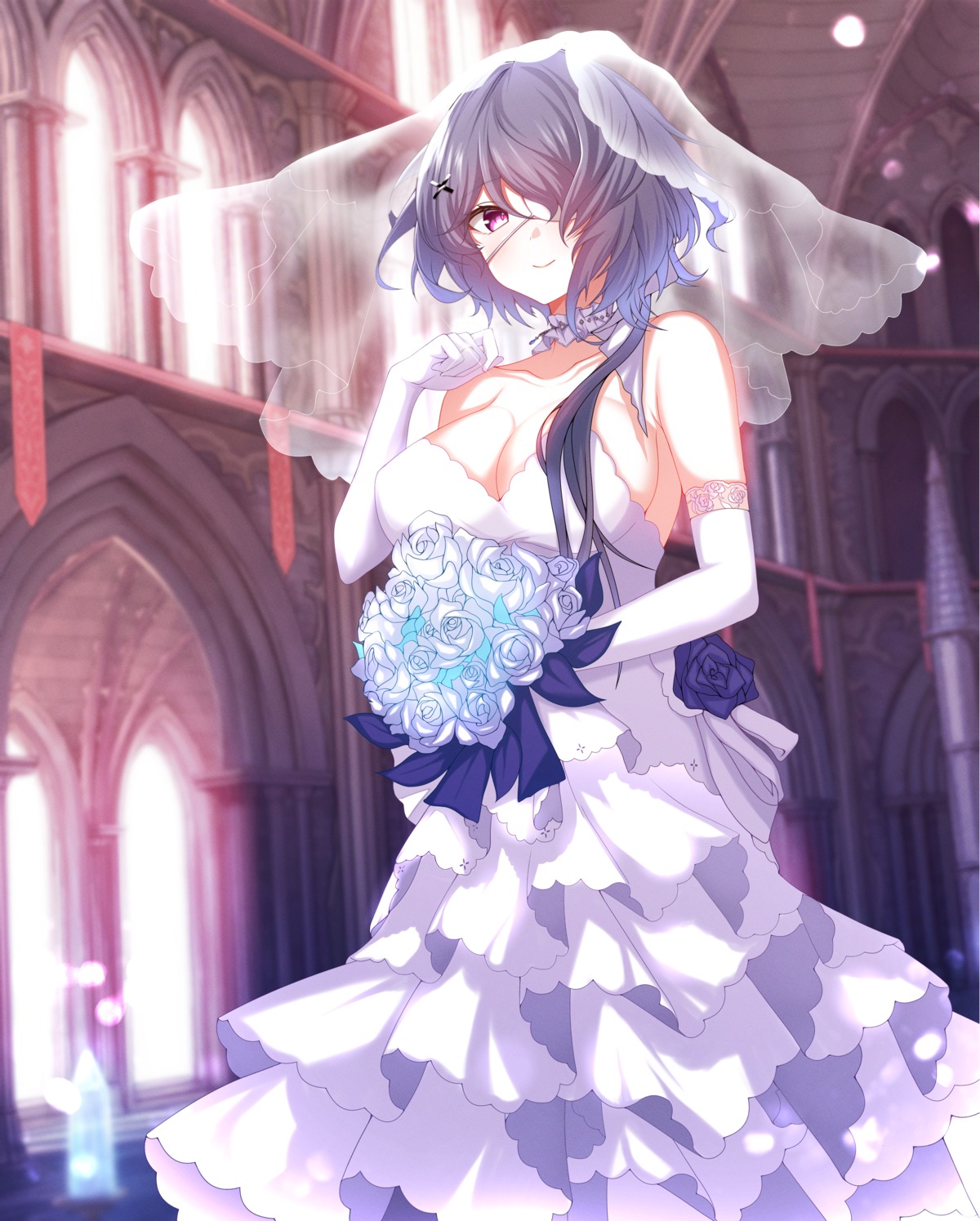 arknights, cleavage, dress, eyepatch, no_bra, wedding_dress, whisperain_(arknights), wing228