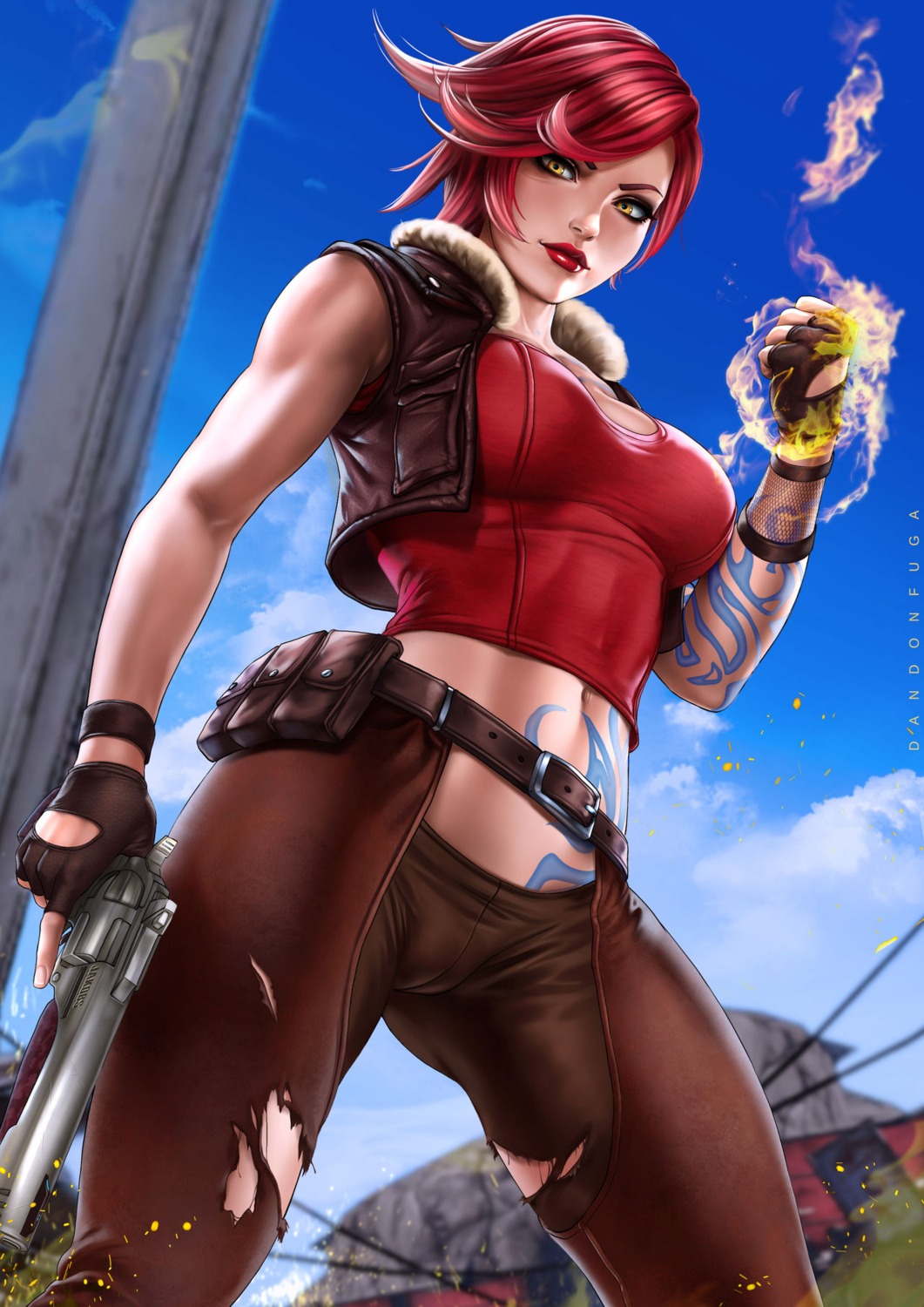 borderlands, cameltoe, dandon_fuga, gun, lilith_(borderlands), tattoo, torn_clothes