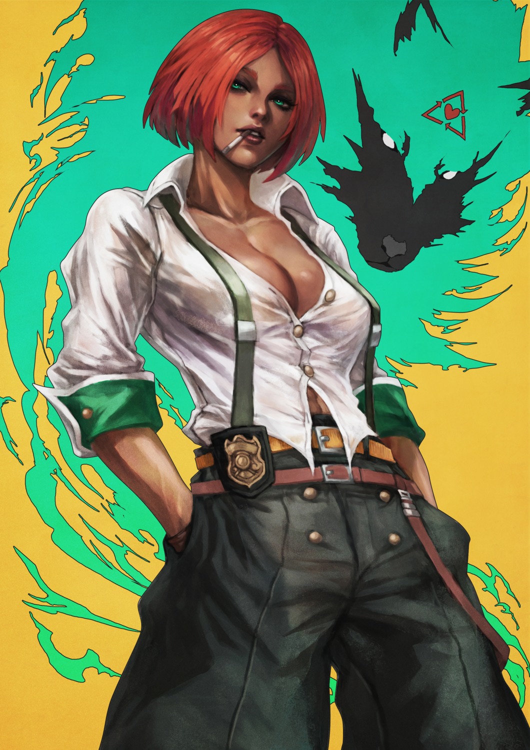 cleavage, dress_shirt, giovanna_(guilty_gear), guilty_gear, monori_rogue, no_bra, open_shirt, smoking