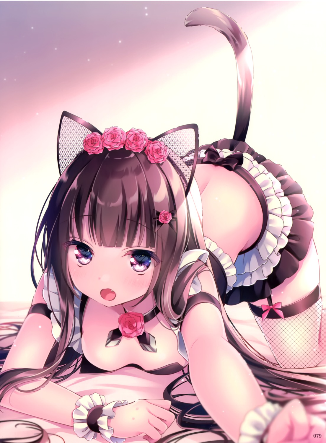 animal_ears, fishnets, nekomimi, nemuri_nemu, no_bra, skirt_lift, stockings, tail, thighhighs