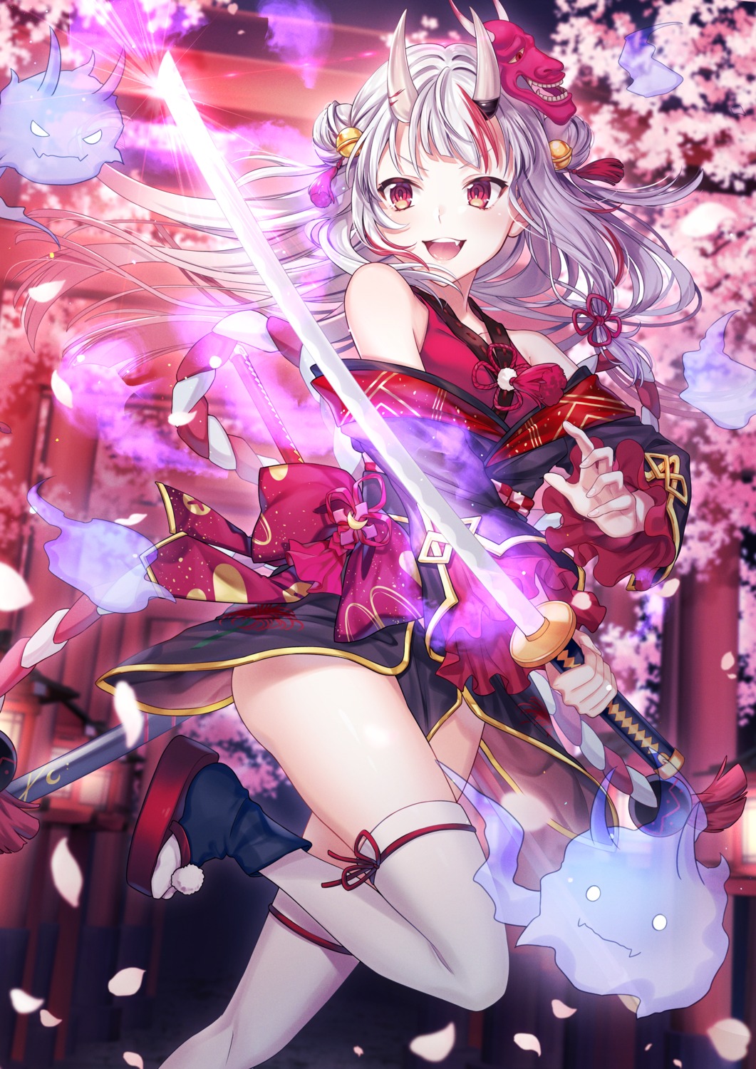 hololive, horns, japanese_clothes, kiba_tori, nakiri_ayame, skirt_lift, sword, thighhighs