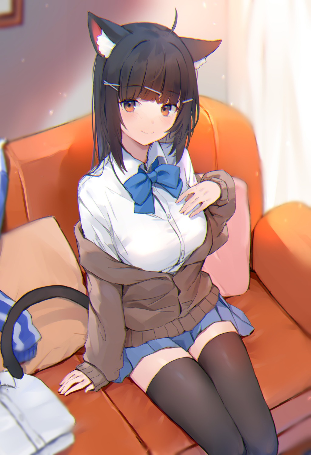 animal_ears, nekomimi, ryou_(ponpgo), seifuku, sweater, tail, thighhighs