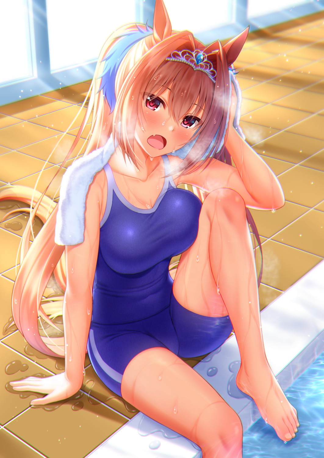 animal_ears, cleavage, daiwa_scarlet_(umamusume), school_swimsuit, shirouzu_myuuta, swimsuits, tail, uma_musume_pretty_derby