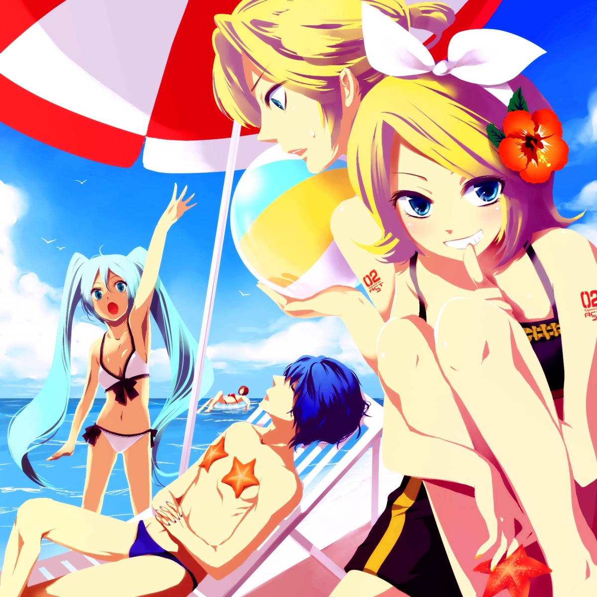 bikini, cleavage, hatsune_miku, horiizumi_inco, kagamine_len, kagamine_rin, kaito, meiko