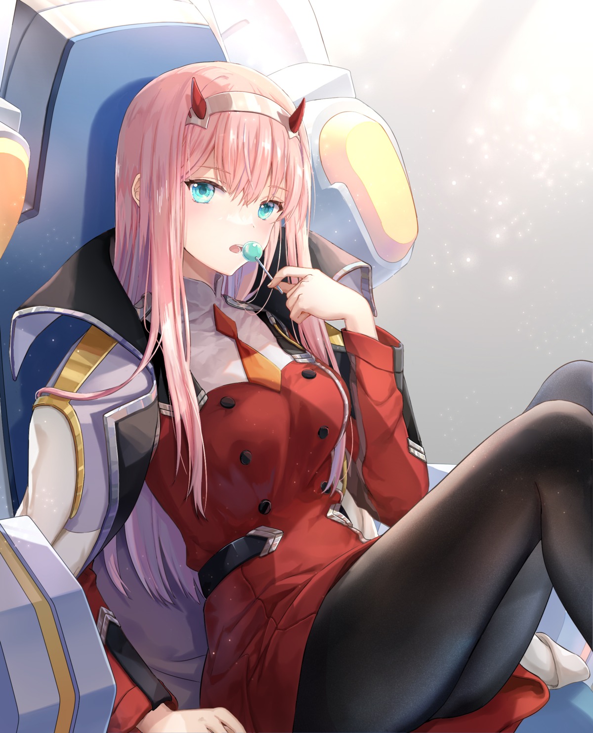 darling_in_the_franxx, horns, luli_ovo, pantyhose, skirt_lift, uniform, zero_two_(darling_in_the_franxx)