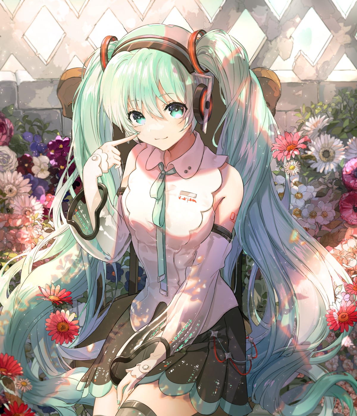 hatsune_miku, headphones, luli_ovo, tattoo, thighhighs, vocaloid