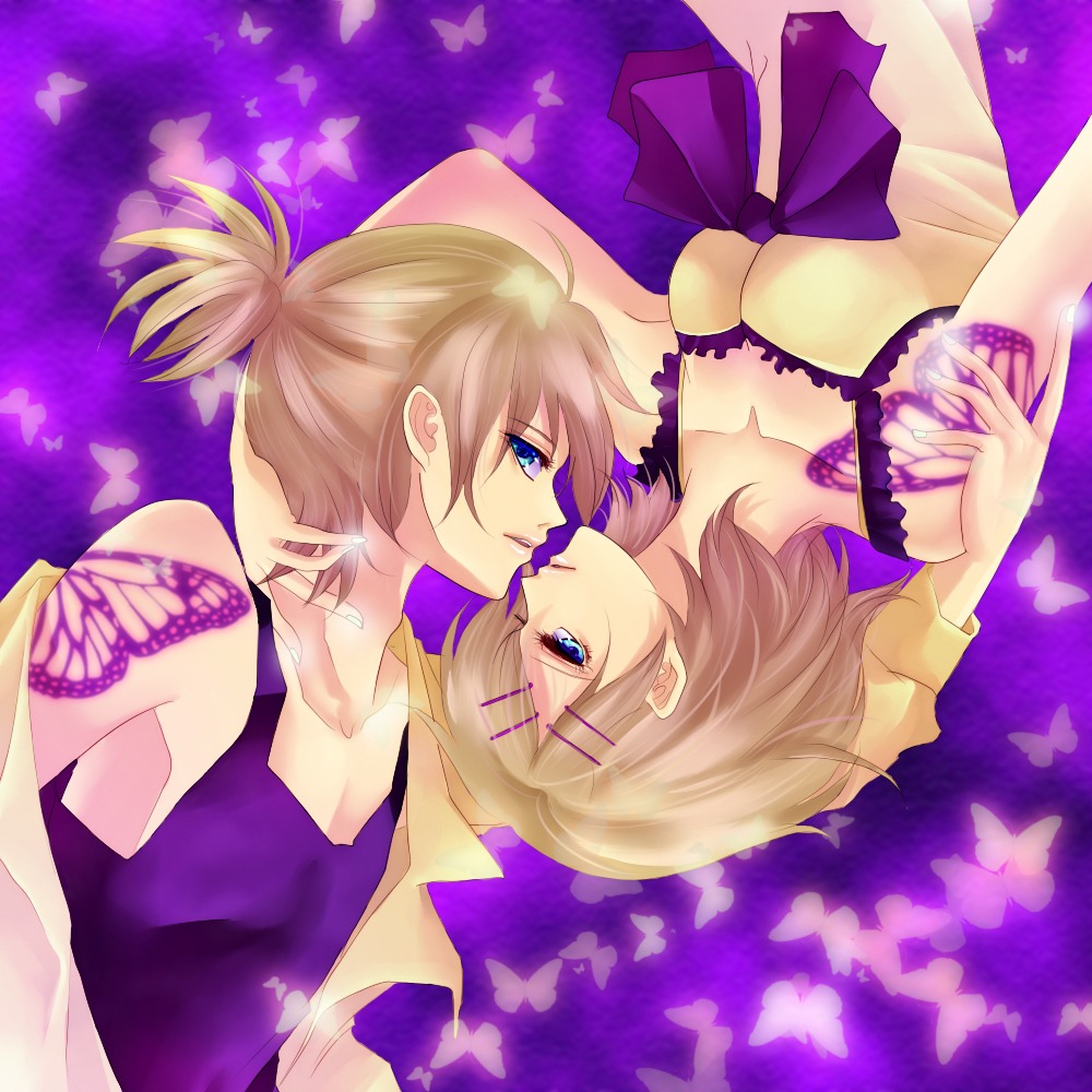 kagamine_len, kagamine_rin, melou, migikata_no_chou_(vocaloid), vocaloid