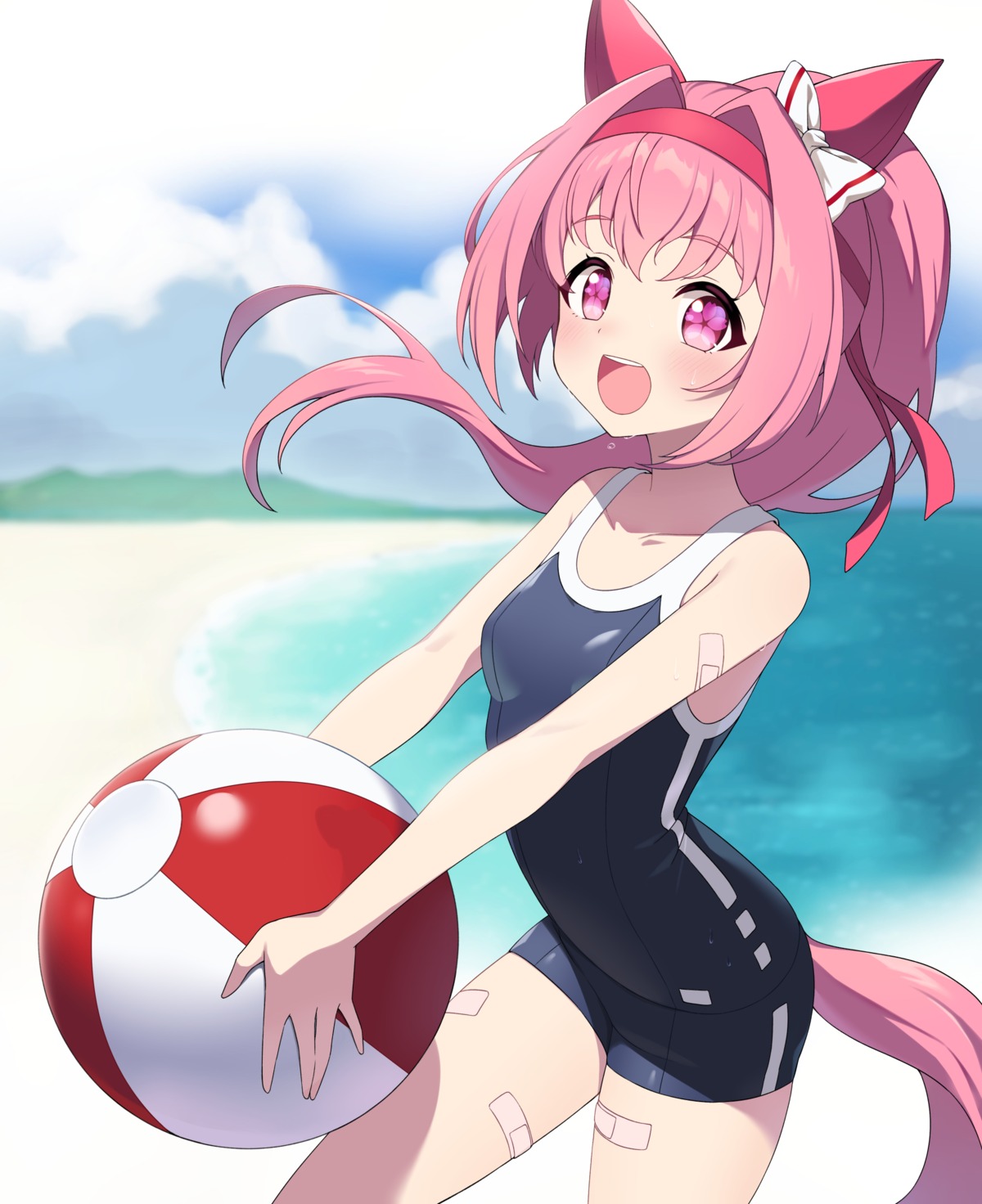 animal_ears, bandaid, child_(isoliya), haru_urara_(umamusume), school_swimsuit, swimsuits, tail, uma_musume_pretty_derby