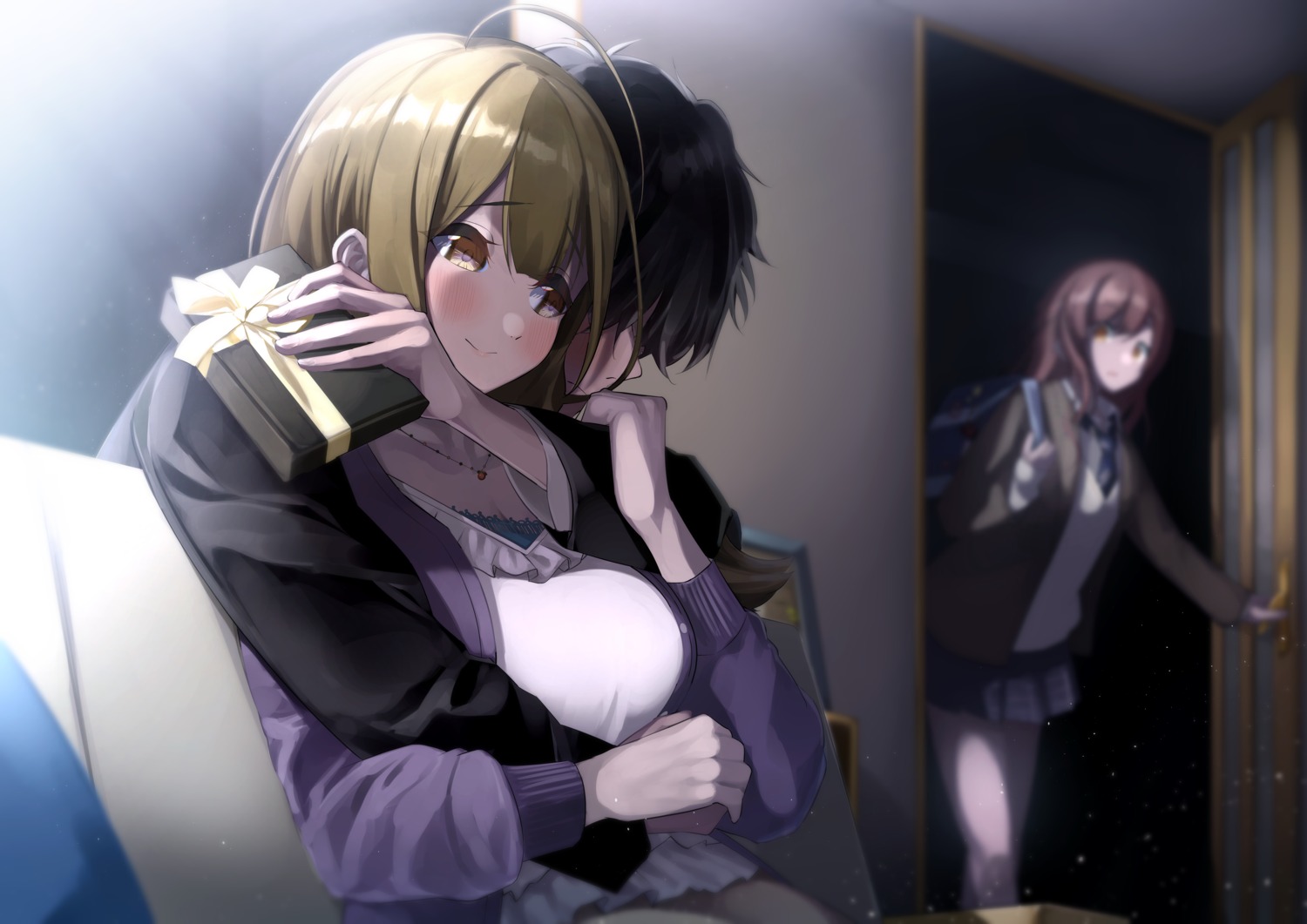 kuwayama_chiyuki, oosaki_amana, producer, seifuku, sweater, tera2001, the_idolm@ster, the_idolm@ster_shiny_colors