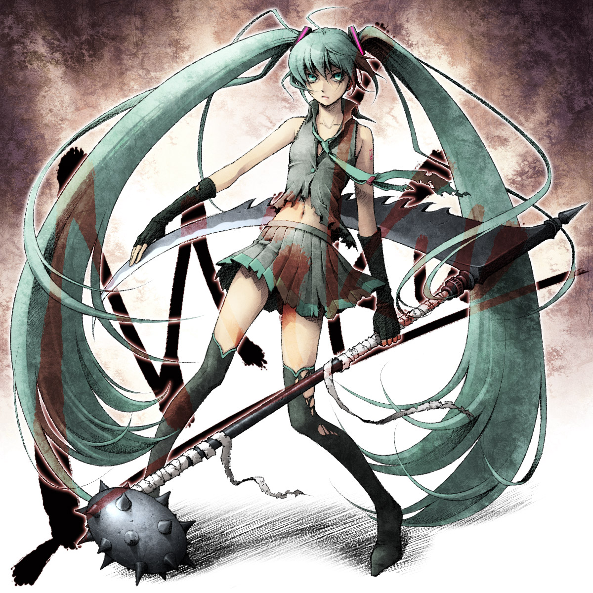 hatsune_miku, kayu, thighhighs, torn_clothes, vocaloid