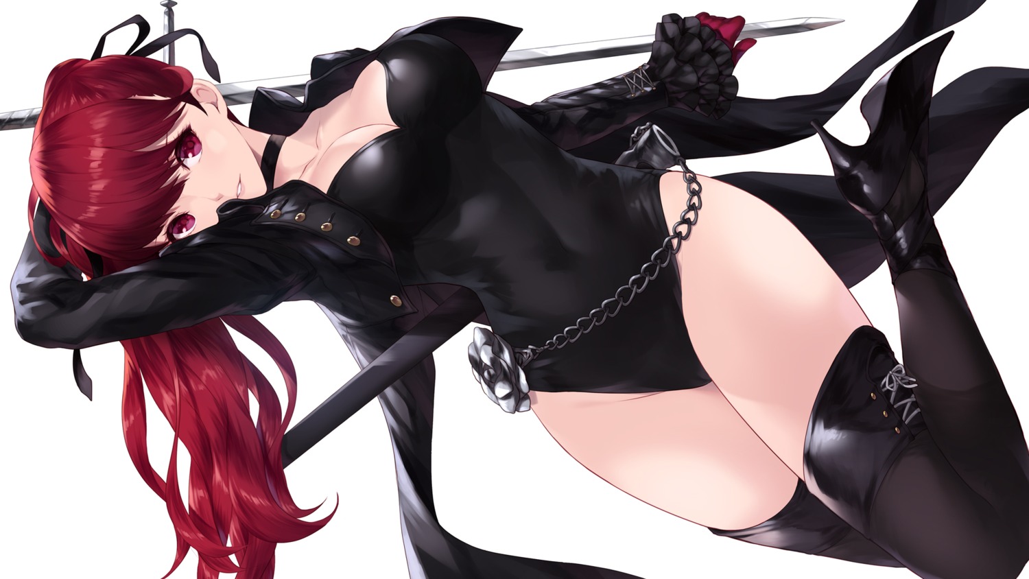 cait, heels, leotard, no_bra, persona_5, sword, thighhighs, wallpaper, yoshizawa_kasumi