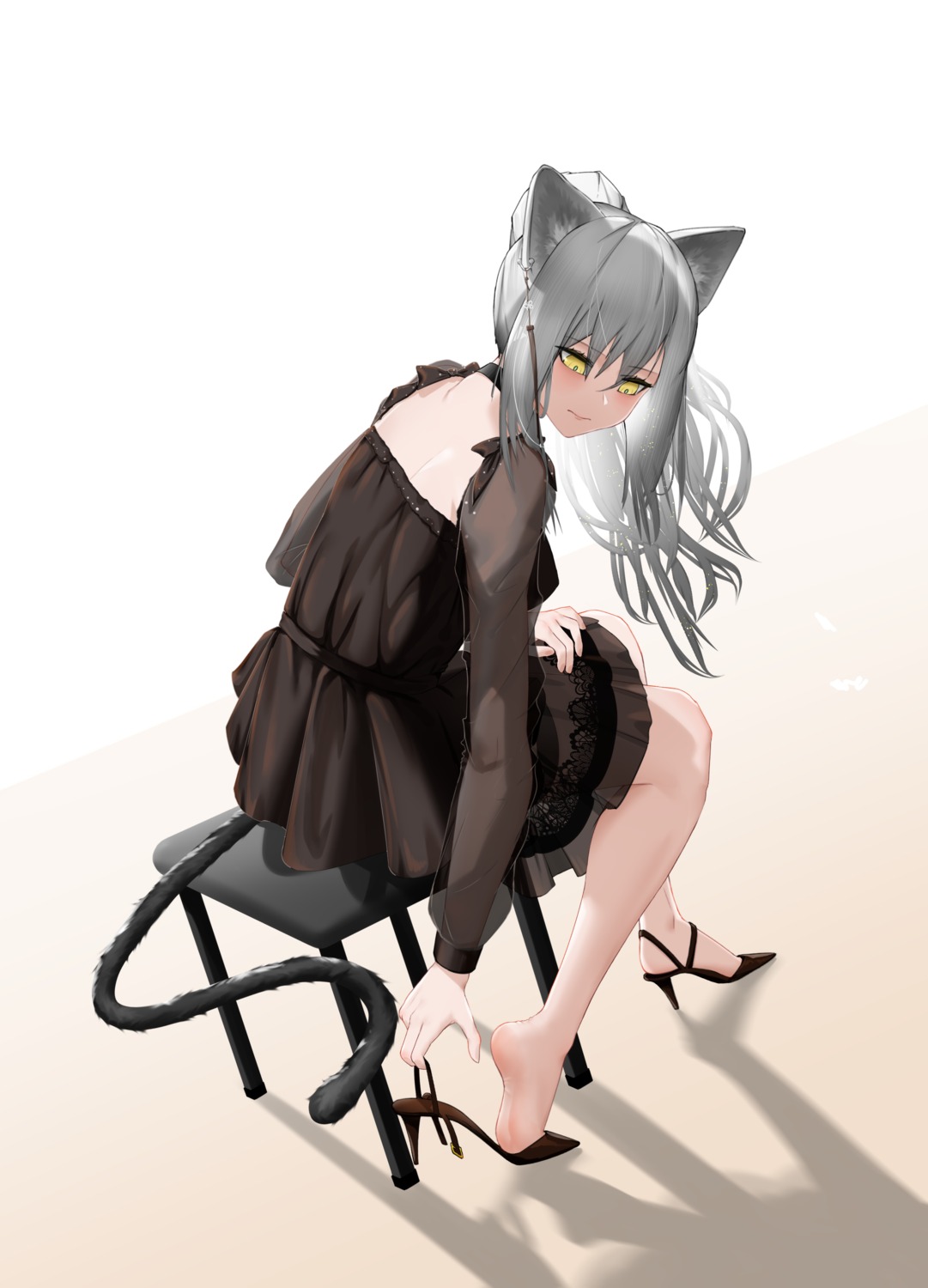 animal_ears, arknights, dress, heels, schwarz_(arknights), see_through, tail, vamjulian